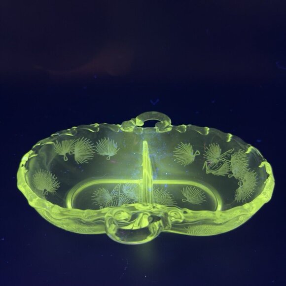 Fostoria Etched Glass Two Part Relish Tray Appetizer Dish Manganese 365nm UV - Picture 1 of 13